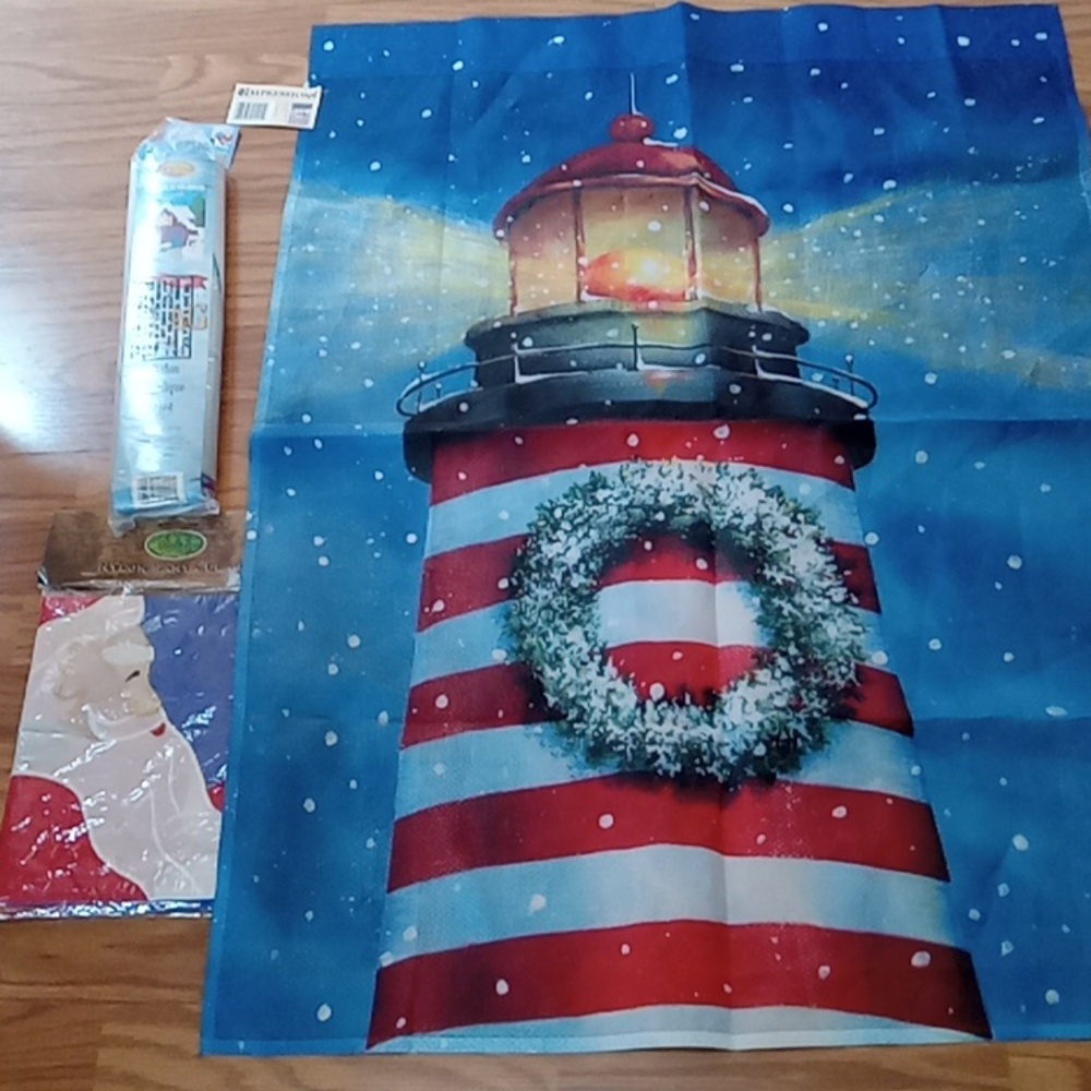 3 NWT Holiday Christmas Flags Banners Outdoor Santa Lighthouse Snowman